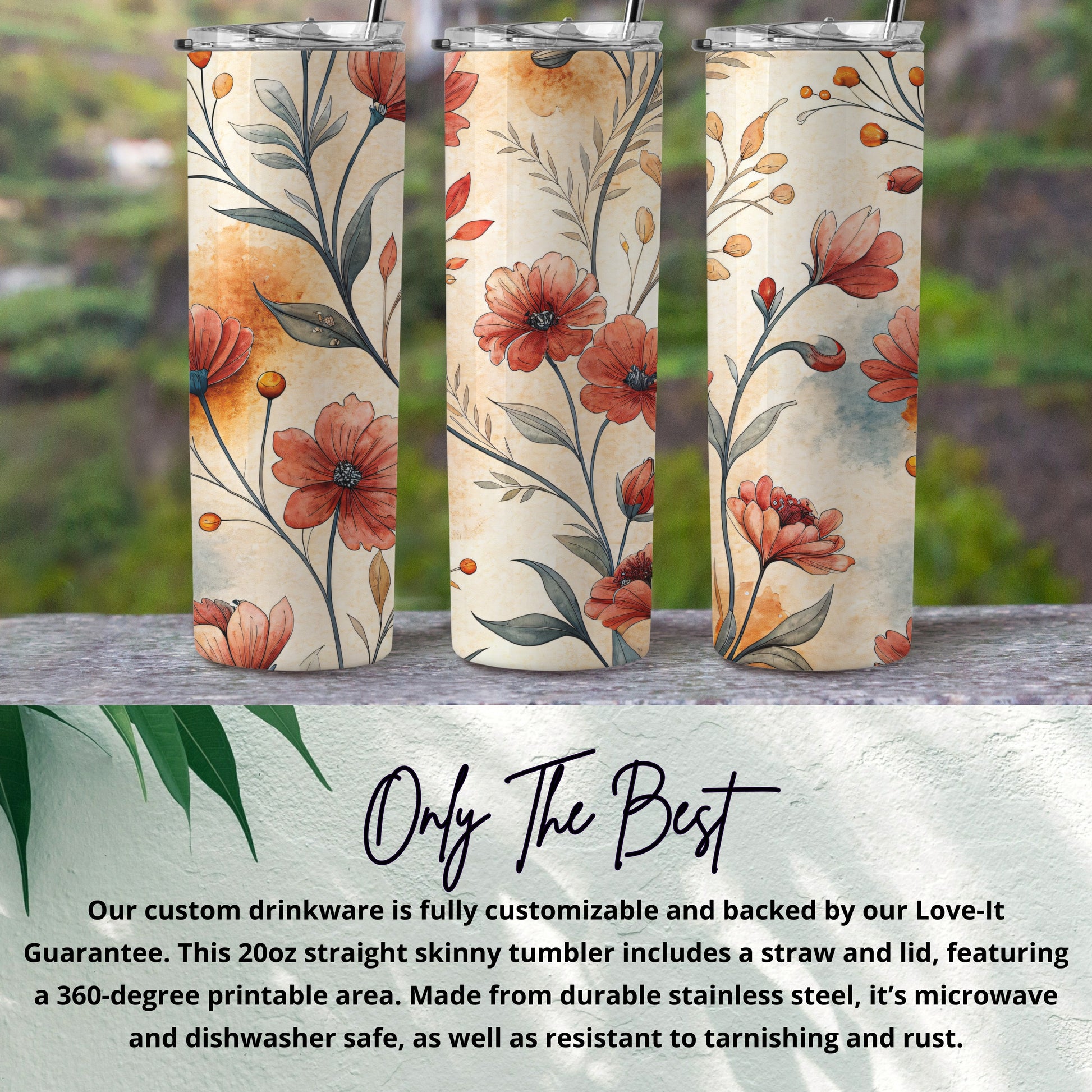 Red Floral Design on Cream 20 oz Skinny Tumbler - Walk Greener