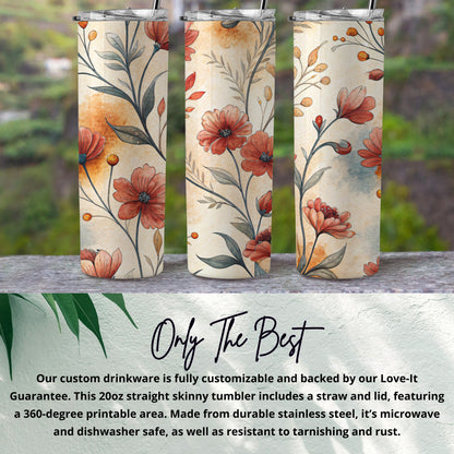 Red Floral Design on Cream 20 oz Skinny Tumbler - Walk Greener