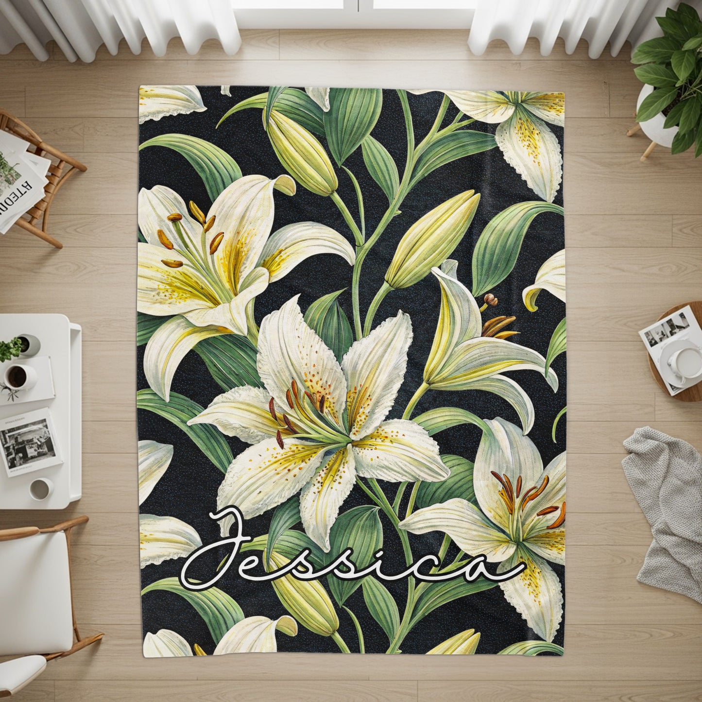 Custom Name White Lily Floral Design Area Rug