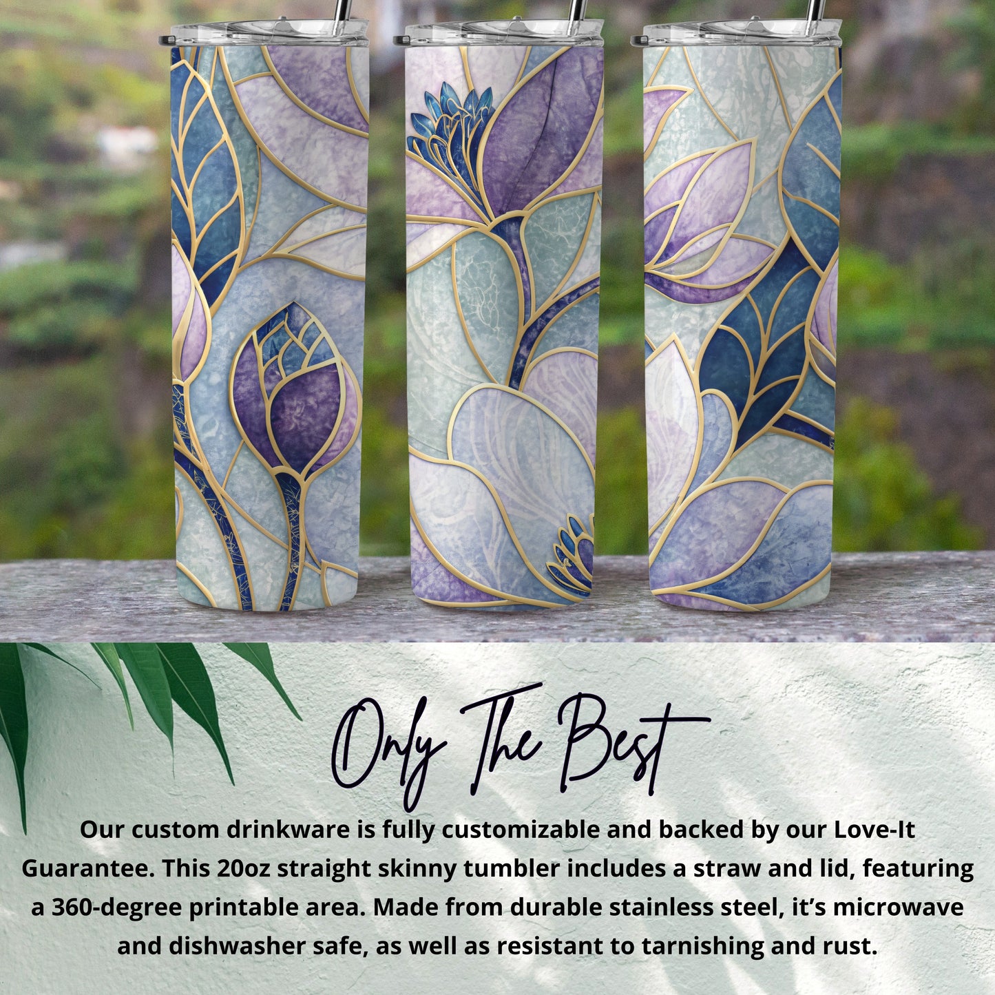 Elegant Floral Stained Glass Design 20 oz Skinny Tumbler - Walk Greener