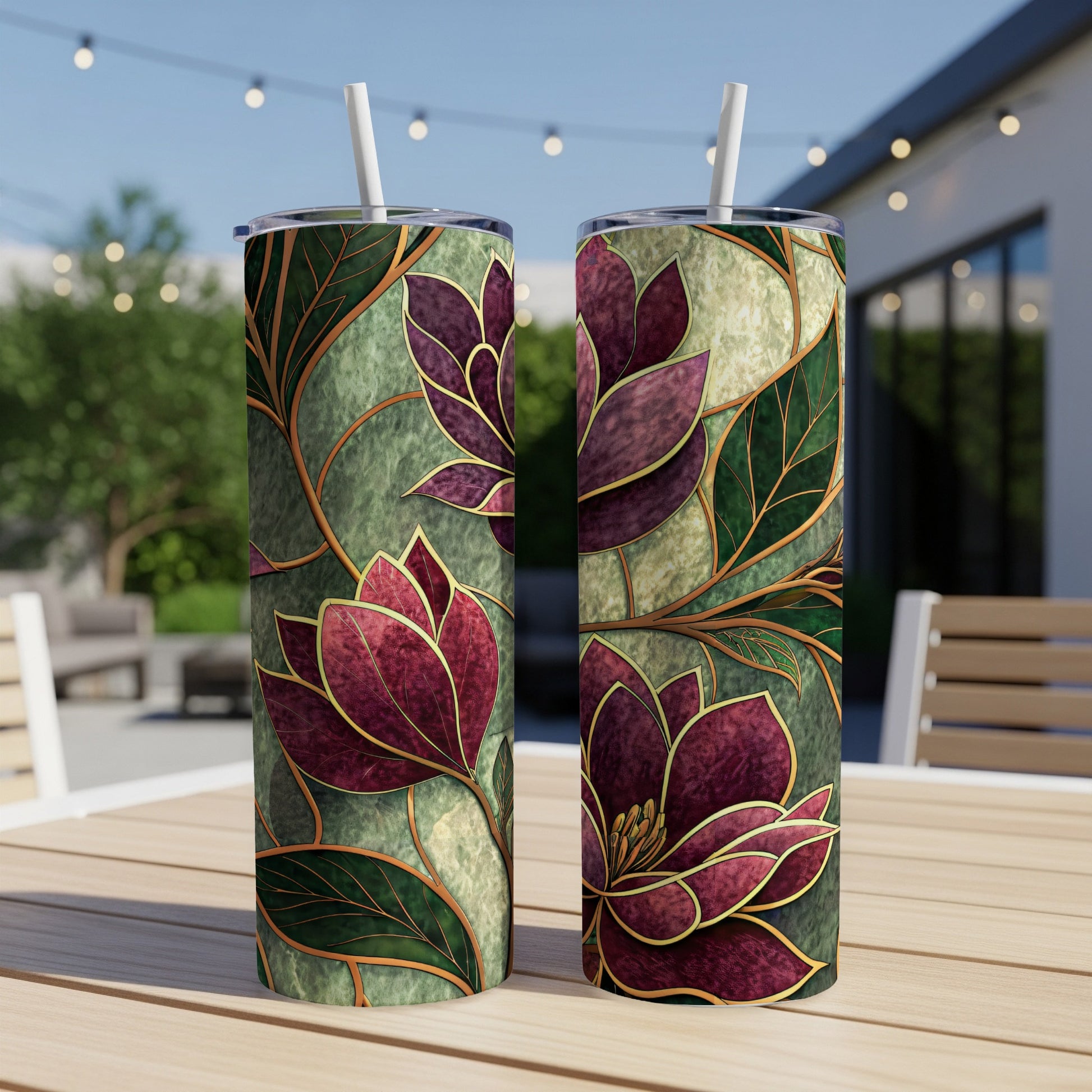 Elegant Floral Design with Golden Outline 20 oz Skinny Tumbler - Walk Greener