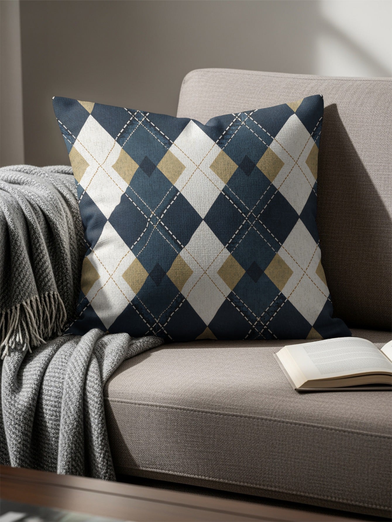 Blue and Beige Diamond Pattern Geometric Style Throw Pillows - Walk Greener