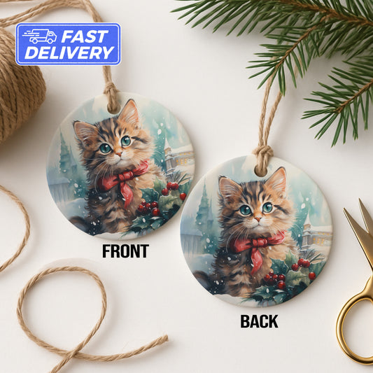 Cute Festive Kitten Round Ceramic Ornament product