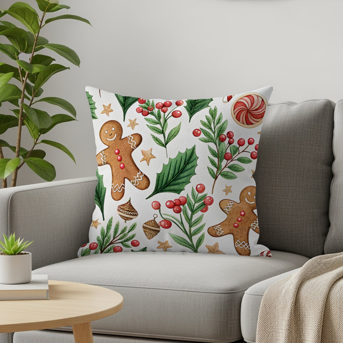 Festive Gingerbread and Holly Pattern Decorative Pillow
