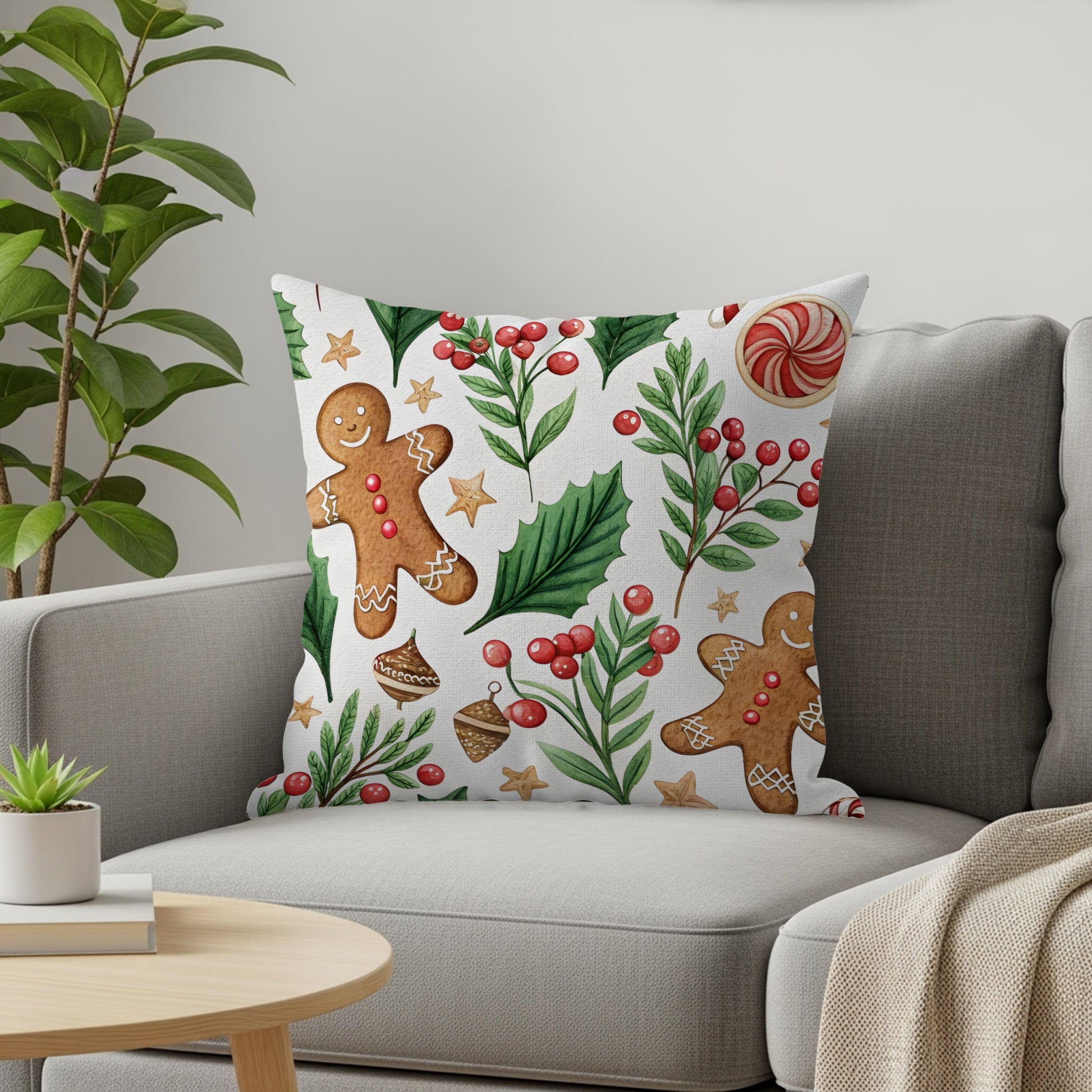 Festive Gingerbread and Holly Pattern Decorative Pillow