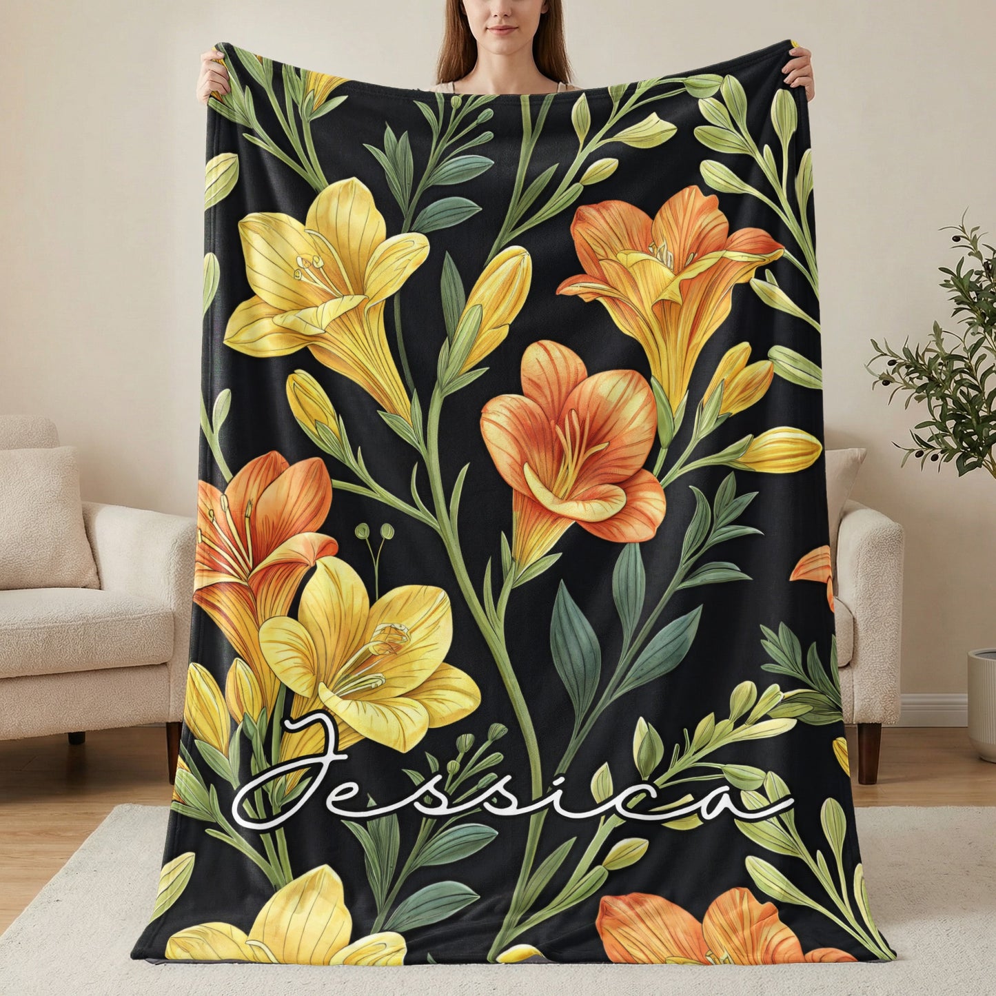Bright Floral Design with Custom Name Personalized Blankets - Walk Greener