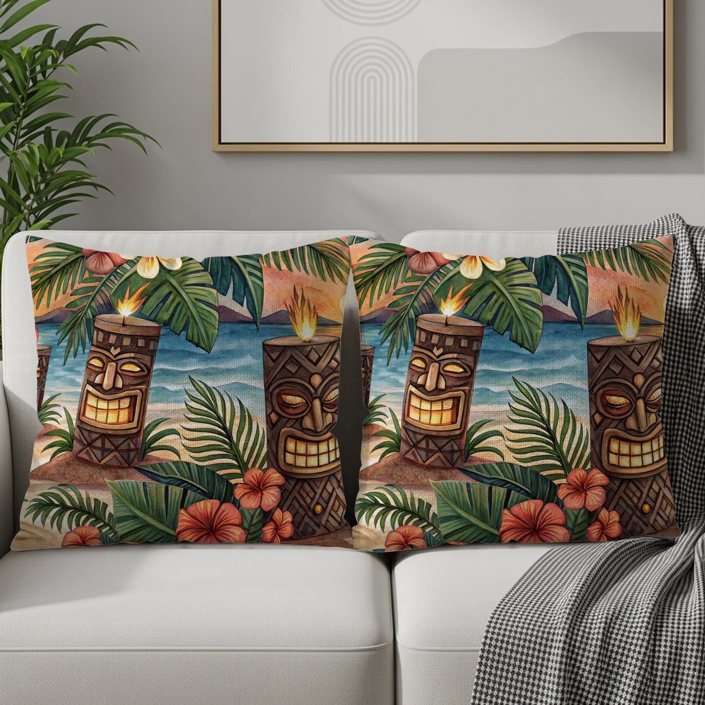 Tropical Tiki Candle Beachside Sunset Illustration Pillows & Pillow Cases - Walk Greener