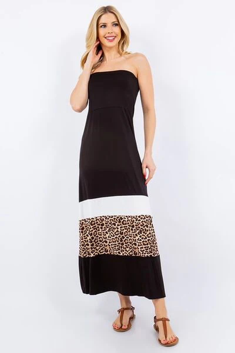 Celeste Leopard Color Block Tube Maxi Dress – A Bold & Trendy Statement