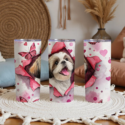 Adorable Puppy and Pink Butterfly Patterned Tumbler