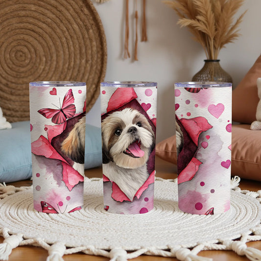 Adorable Puppy and Pink Butterfly Patterned Tumbler