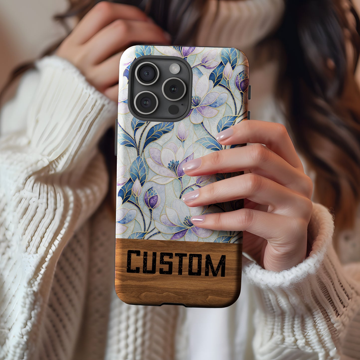 Custom Floral Pattern Phone Case with Wooden Accent