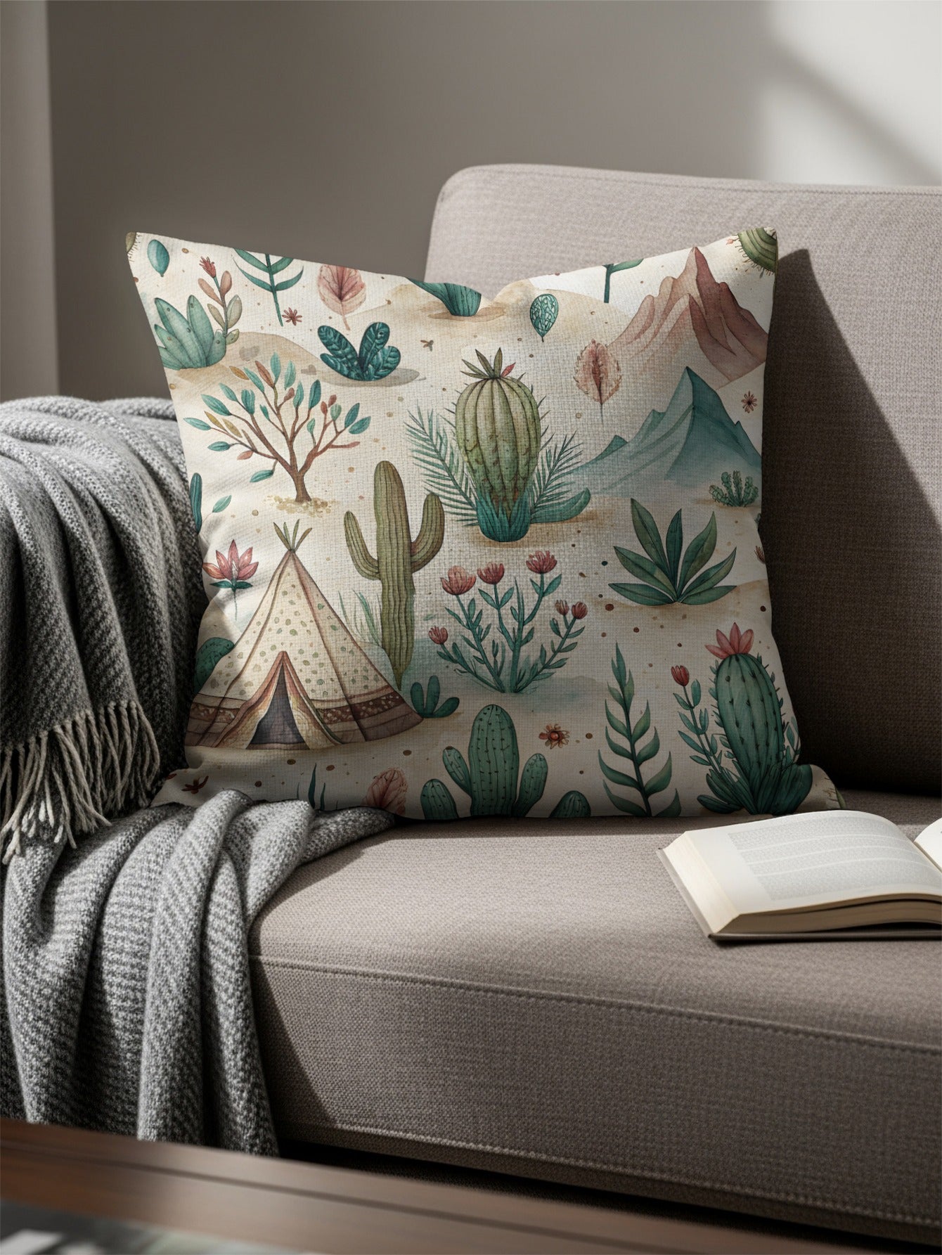 Watercolor Desert Scene Cactus and Tent Pattern Pillows & Pillow Cases - Walk Greener
