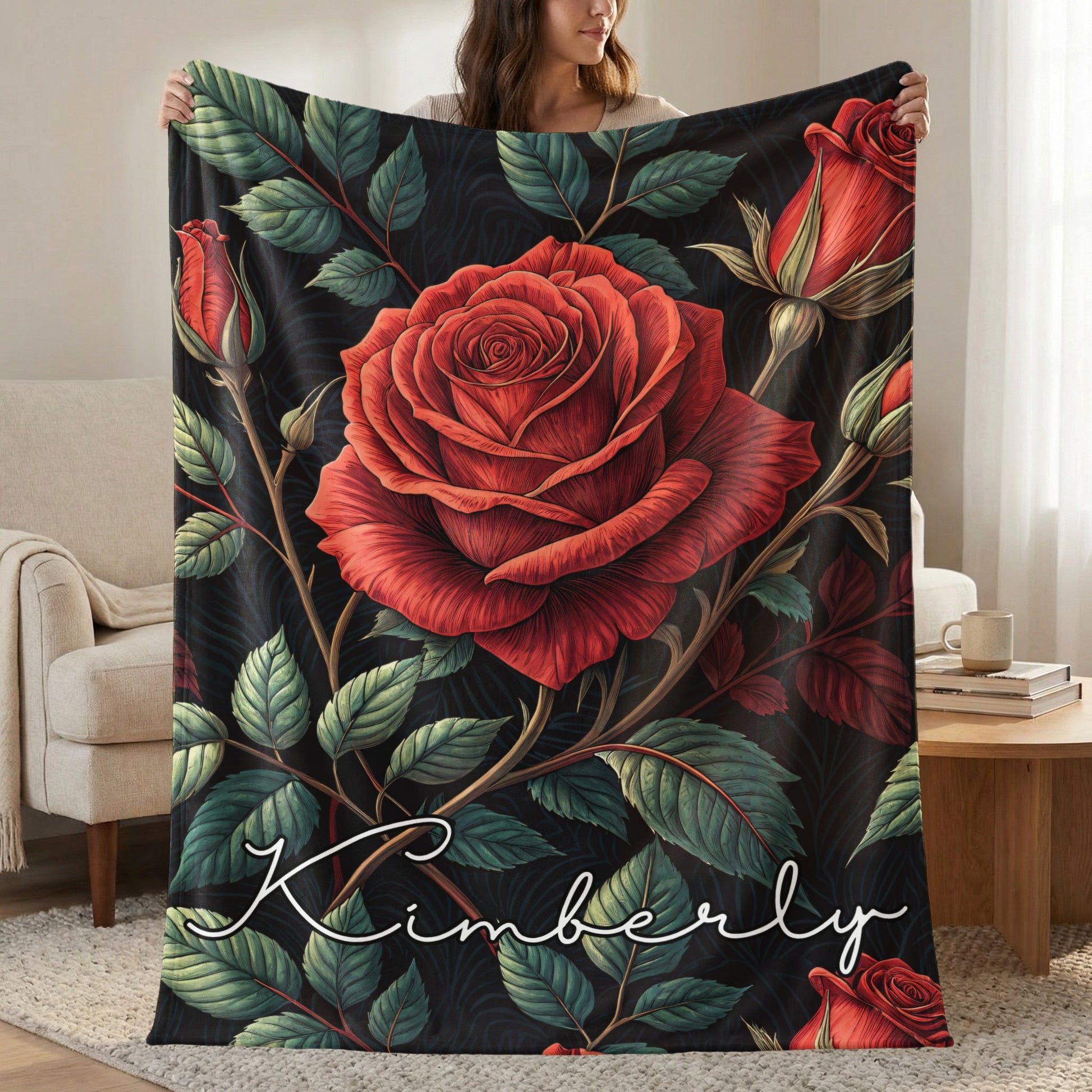 Red Roses With Leaves Custom Name Blankets Product - Walk Greener