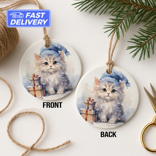 Christmas Kitty with Presents Festive Round Ornament product