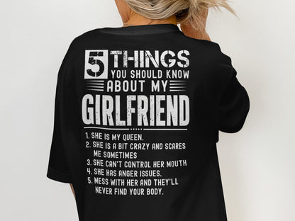 Black t-shirt with "5 things you should know about my girlfriend" and a list.