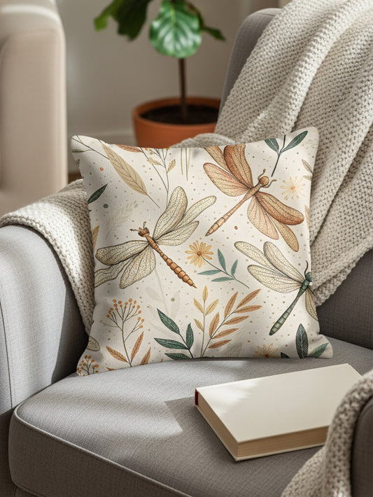 Dragonfly and Botanical Design Decorative Pillow Cover