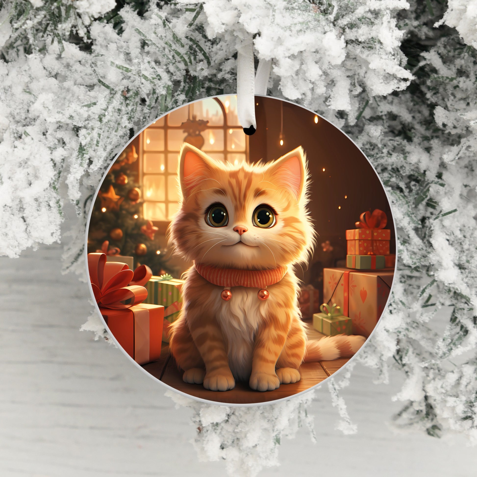 Cute Festive Kitten with Presents Christmas Ornament product