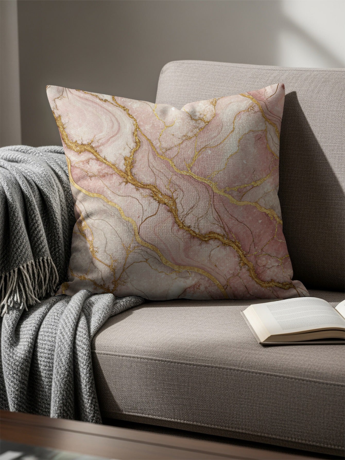 Elegant Pink and Gold Marbled Decorative Throw Pillow