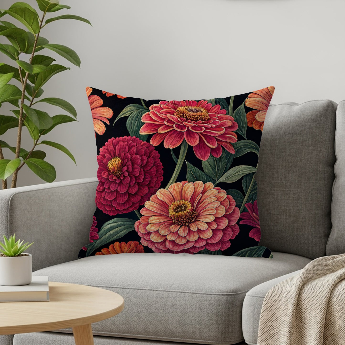 Bold Blooming Zinnias on Black Decorative Floral Throw Pillows - Walk Greener