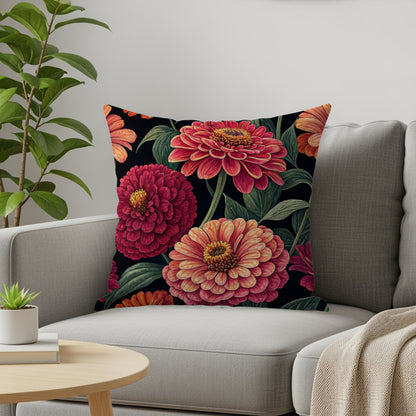 Bold Blooming Zinnias on Black Decorative Floral Throw Pillows - Walk Greener