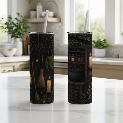 Mystical Witch Room Decor with Brooms and Candles Tumbler - Walk Greener