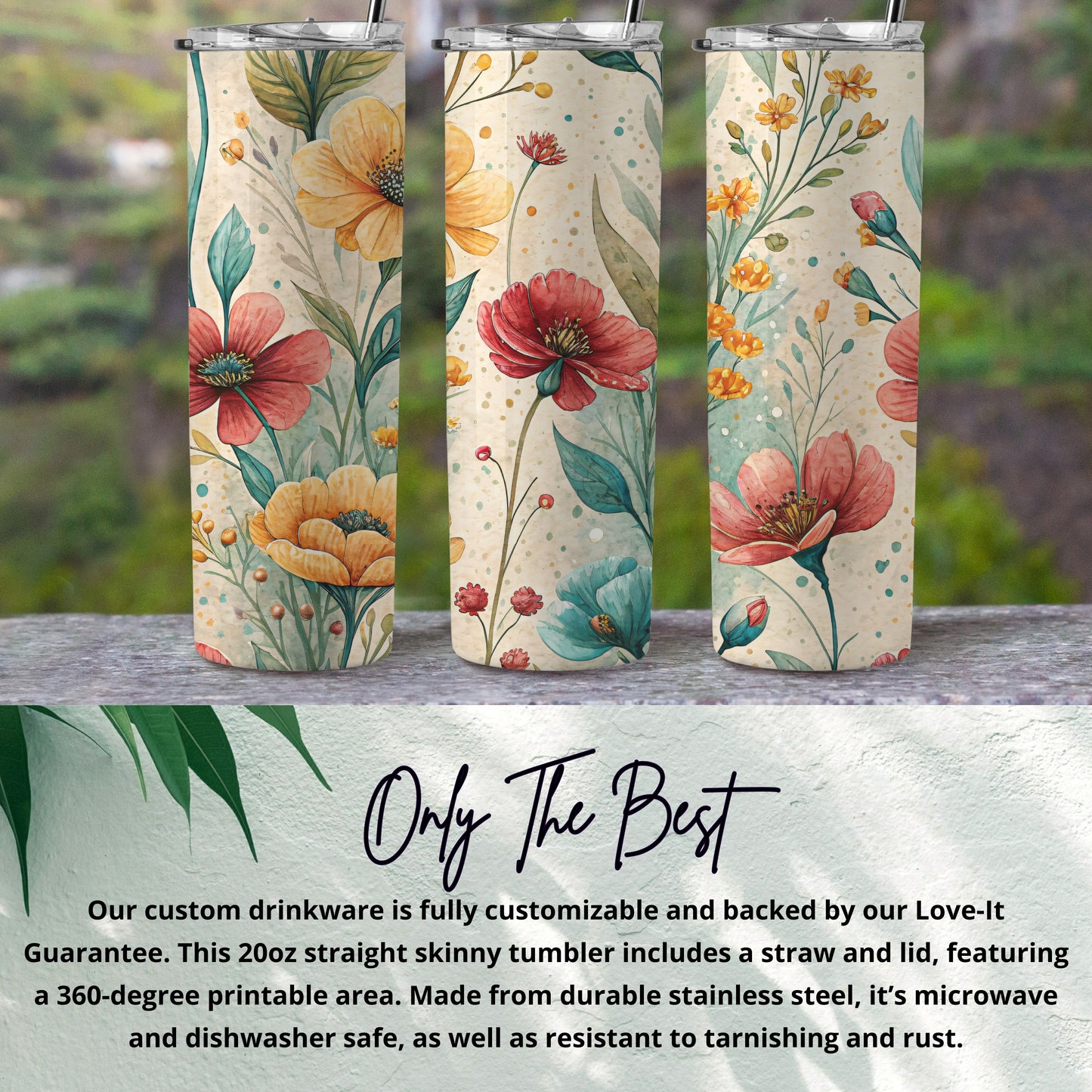 Watercolor Flower Bouquet Botanical Illustration for 20 oz Skinny Tumbler - Walk Greener