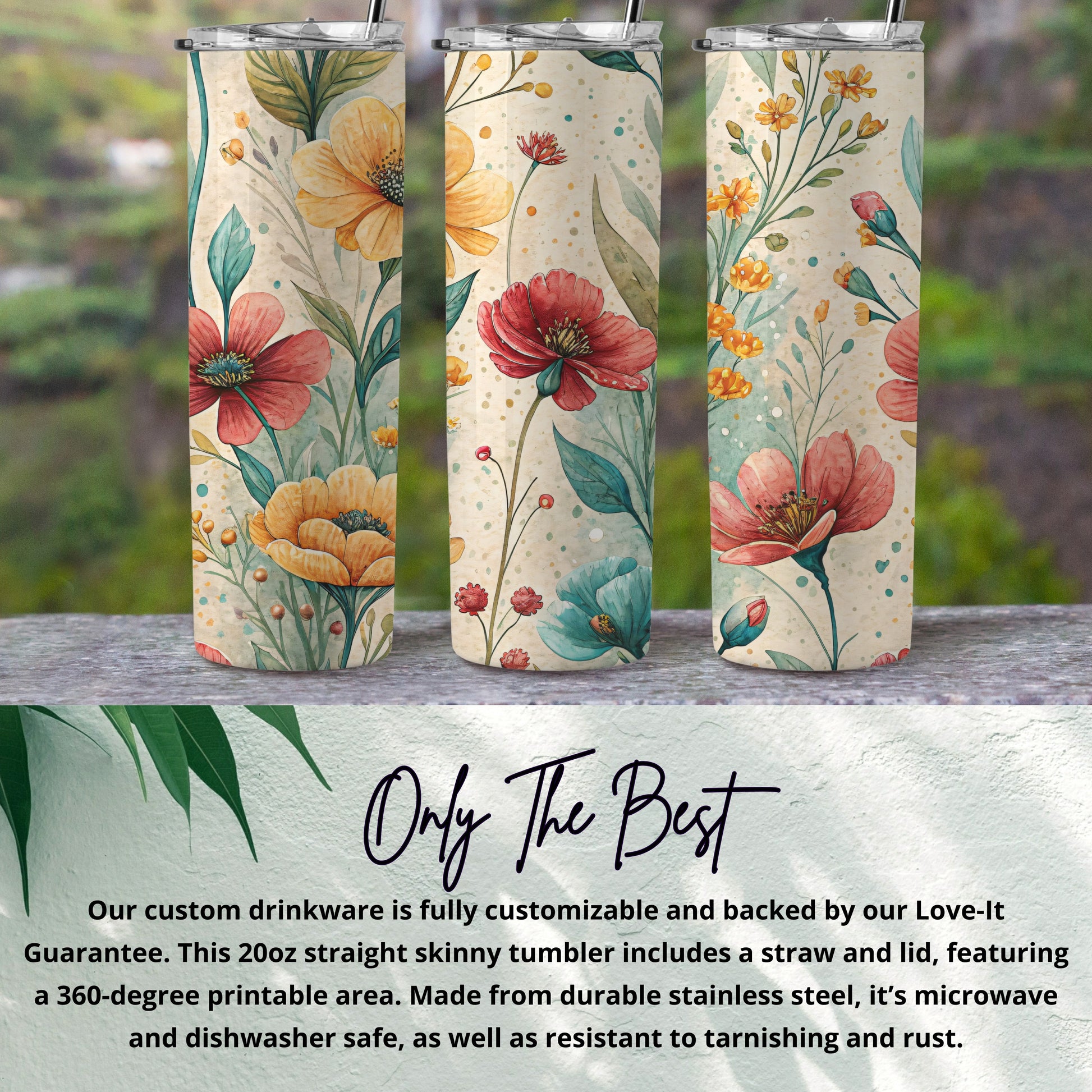 Watercolor Flower Bouquet Botanical Illustration for 20 oz Skinny Tumbler - Walk Greener
