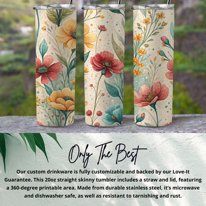 Watercolor Flower Bouquet Botanical Illustration for 20 oz Skinny Tumbler - Walk Greener
