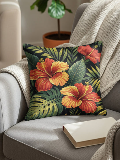 Tropical Hibiscus with Green Leaves Decorative Floral Throw Pillows - Walk Greener