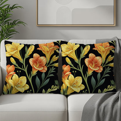 Yellow And Orange Floral Pattern On Dark Backdrop Decorative Floral Throw Pillows - Walk Greener