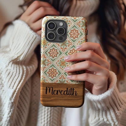 Floral Tile Pattern Orange And Green Flowers With Custom Phone Case - Walk Greener