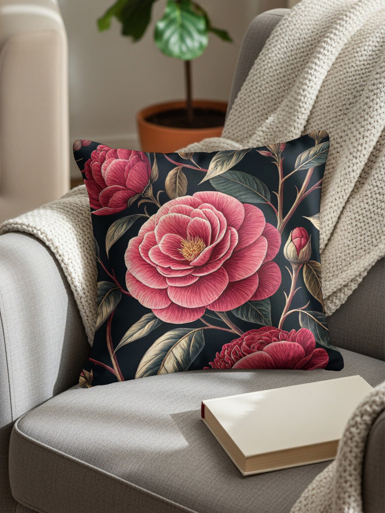Elegant Pink Camellias Floral Arrangement Decorative Floral Throw Pillows - Walk Greener