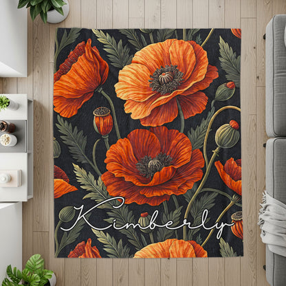 Custom Name Floral Poppy Design Decor Rug