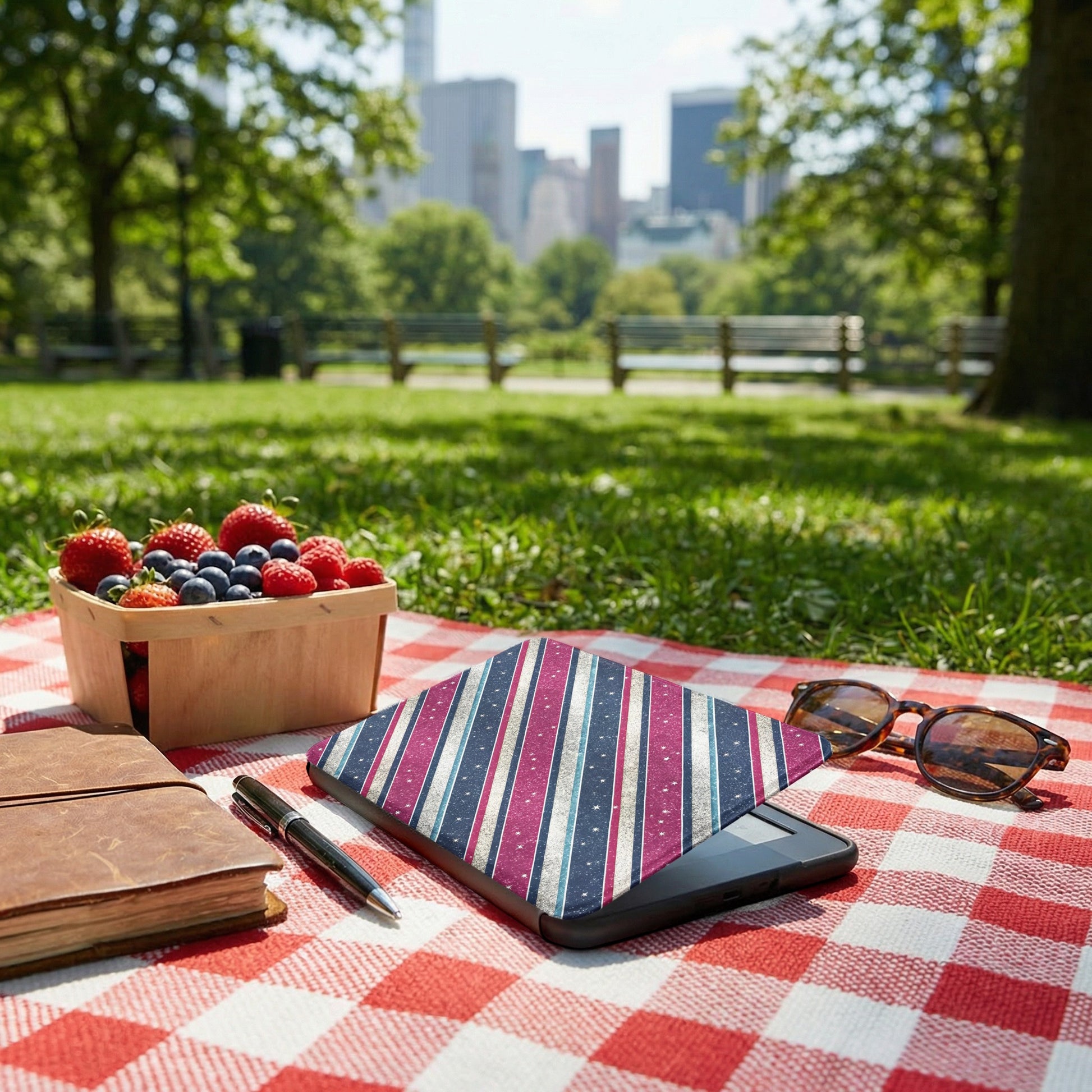 Striped Star Pattern Tablet Case on Picnic Setting