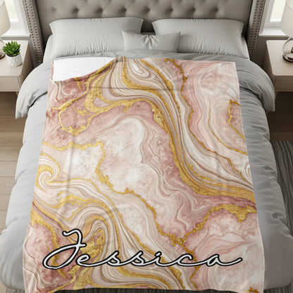 Pink Marble with Golden Veins Custom Name Blanket - Walk Greener