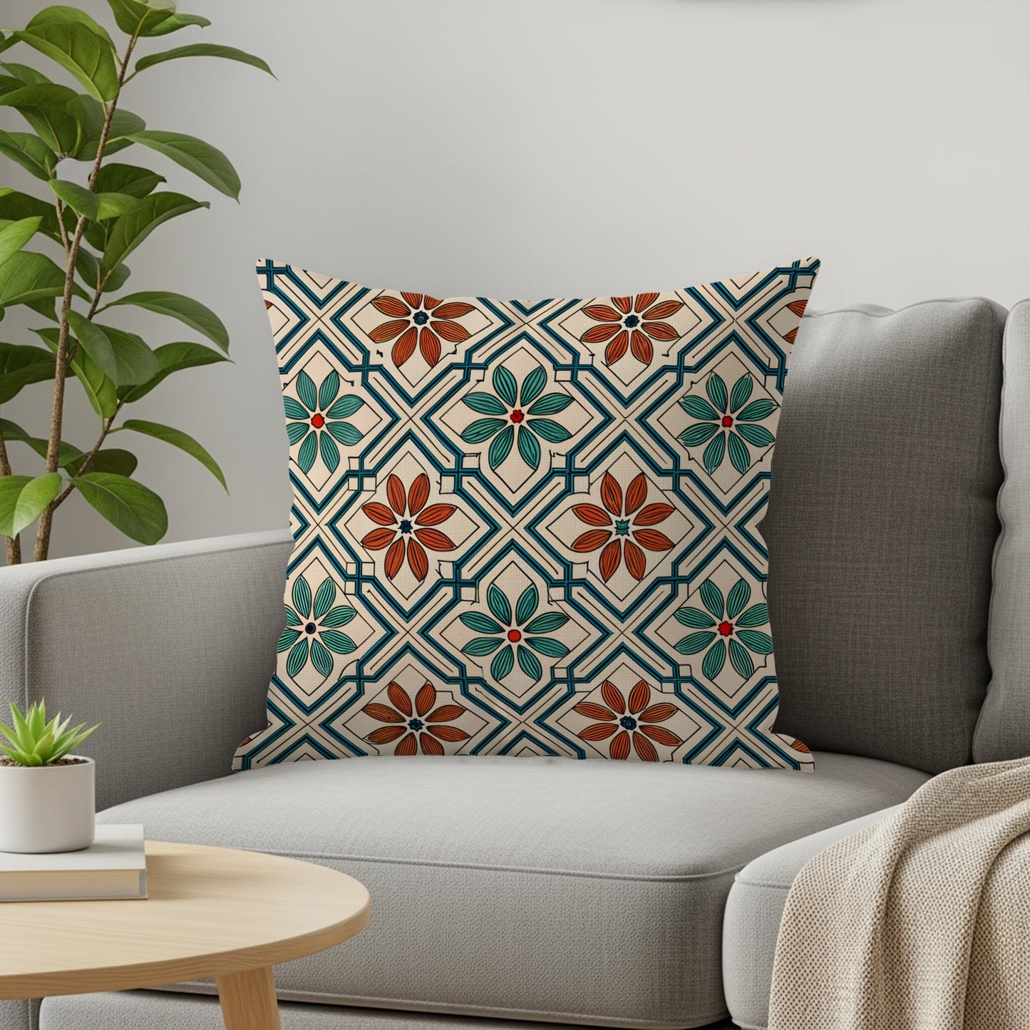 Geometric Flower Pattern Accent Pillow