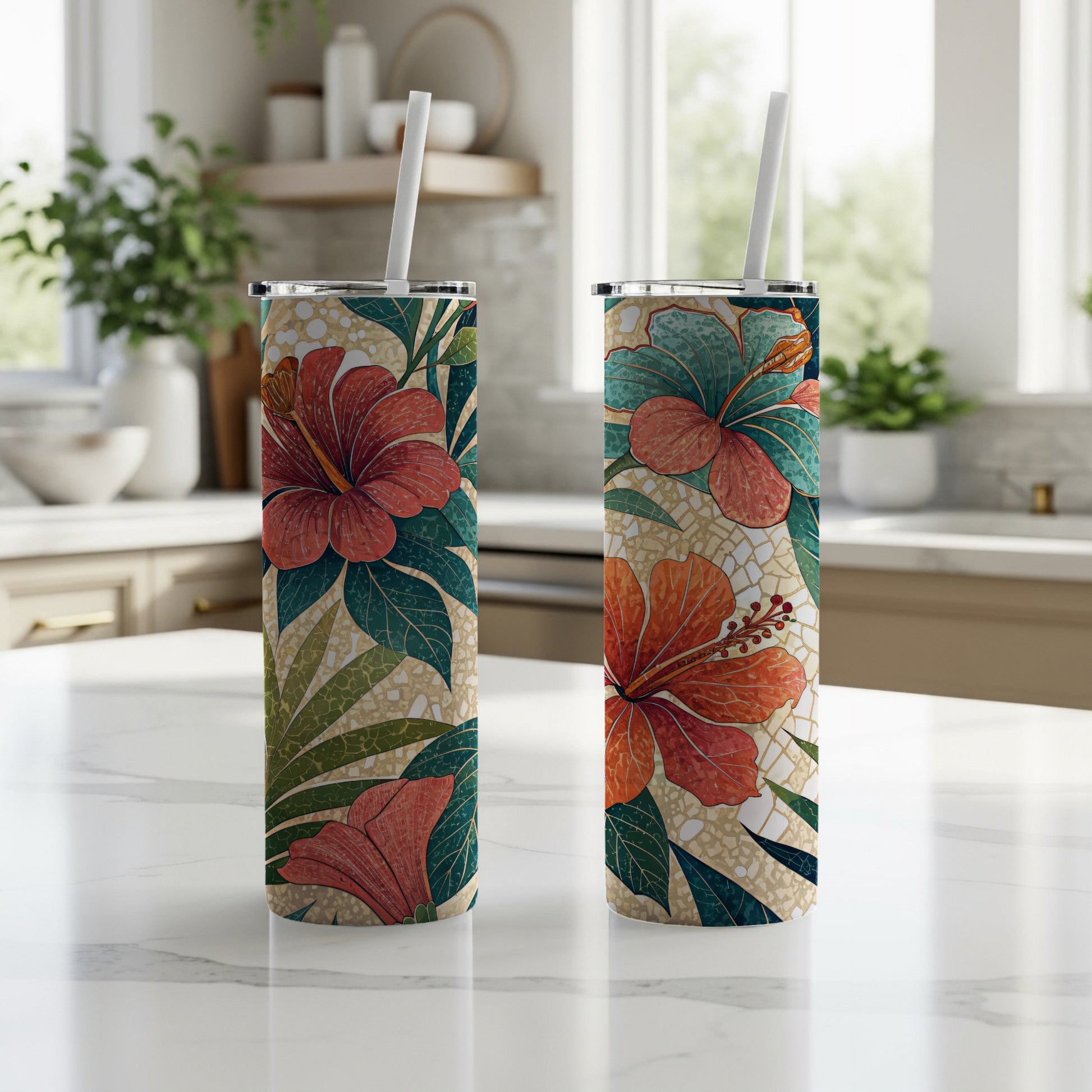 Tropical Hibiscus Flowers Artistic Pattern 20 oz Skinny Tumbler - Walk Greener