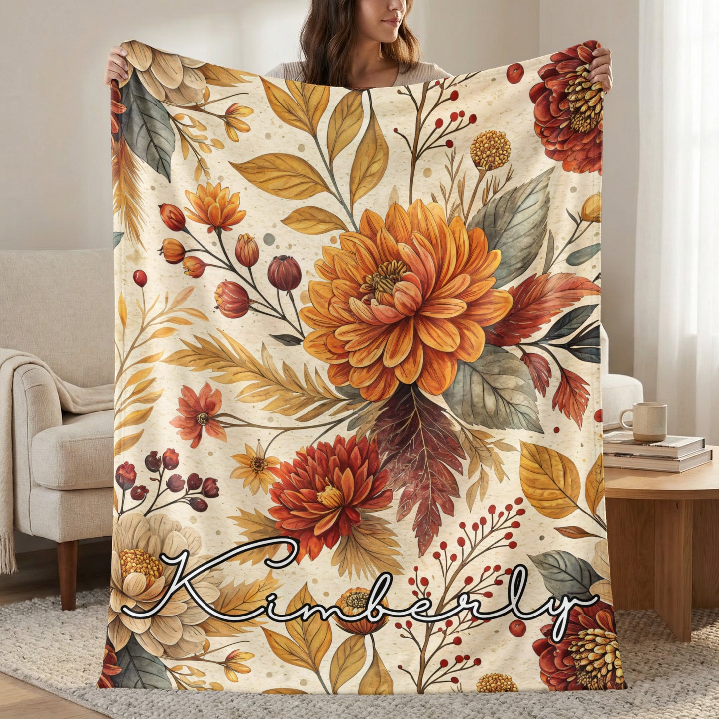 Autumn Floral Blanket with Personalized Name Kimberly
