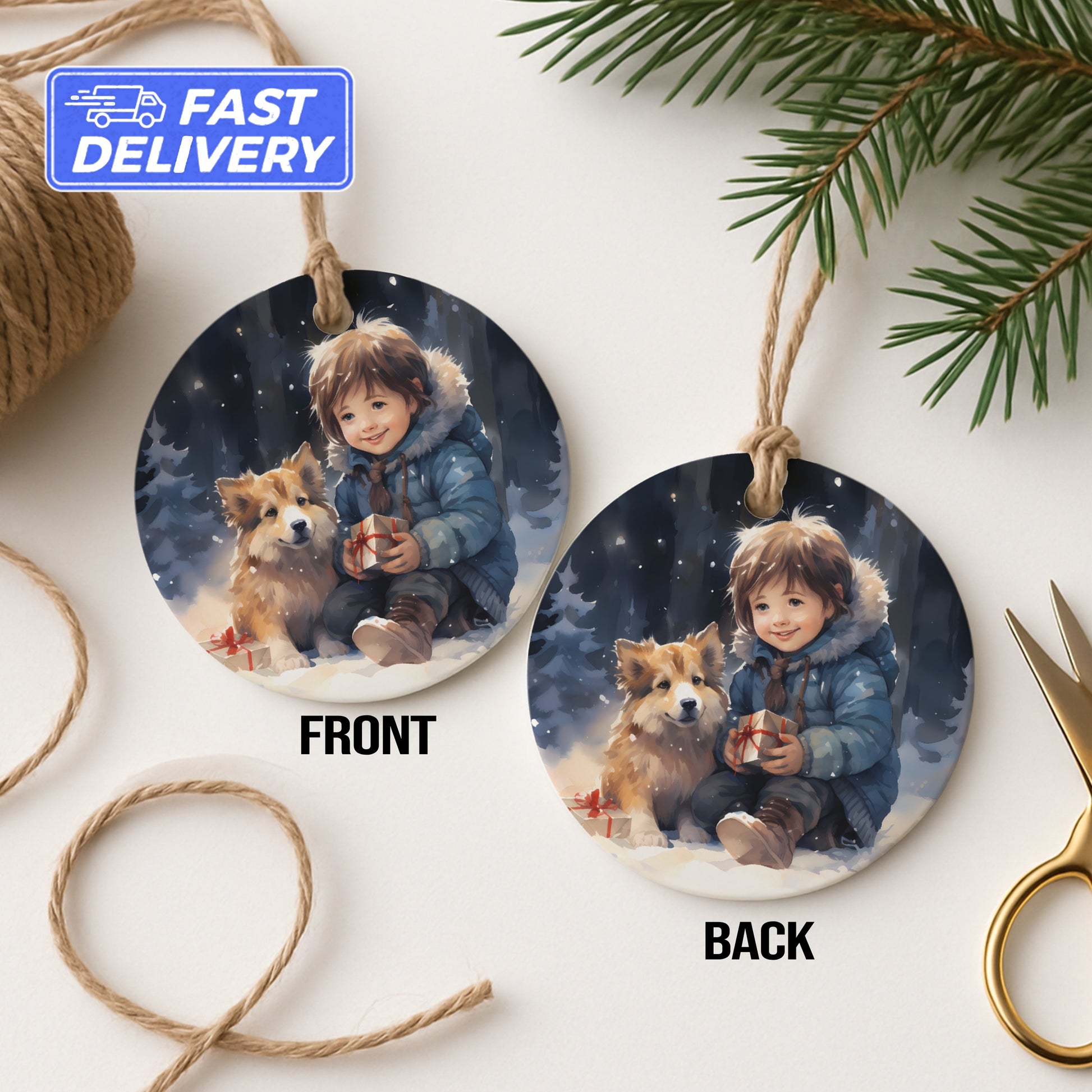 Adorable Little Boy and Dog Hanging Ornament product type
