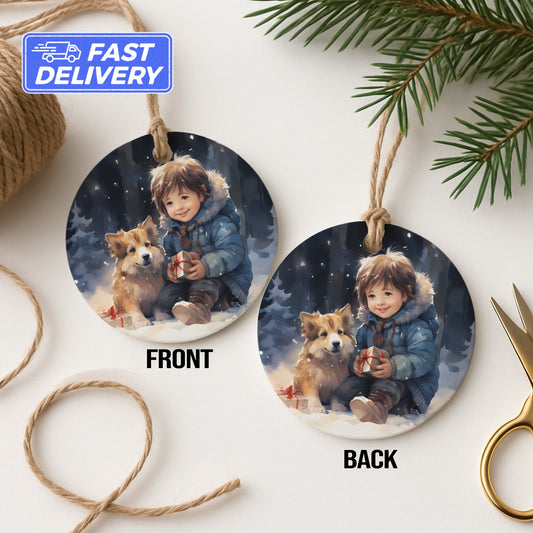 Adorable Little Boy and Dog Hanging Ornament product type