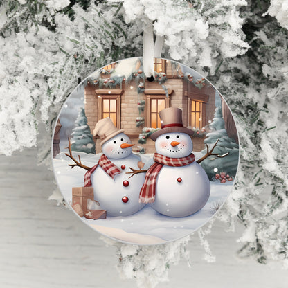 Snowman Couple House Scene Holiday Ornament product