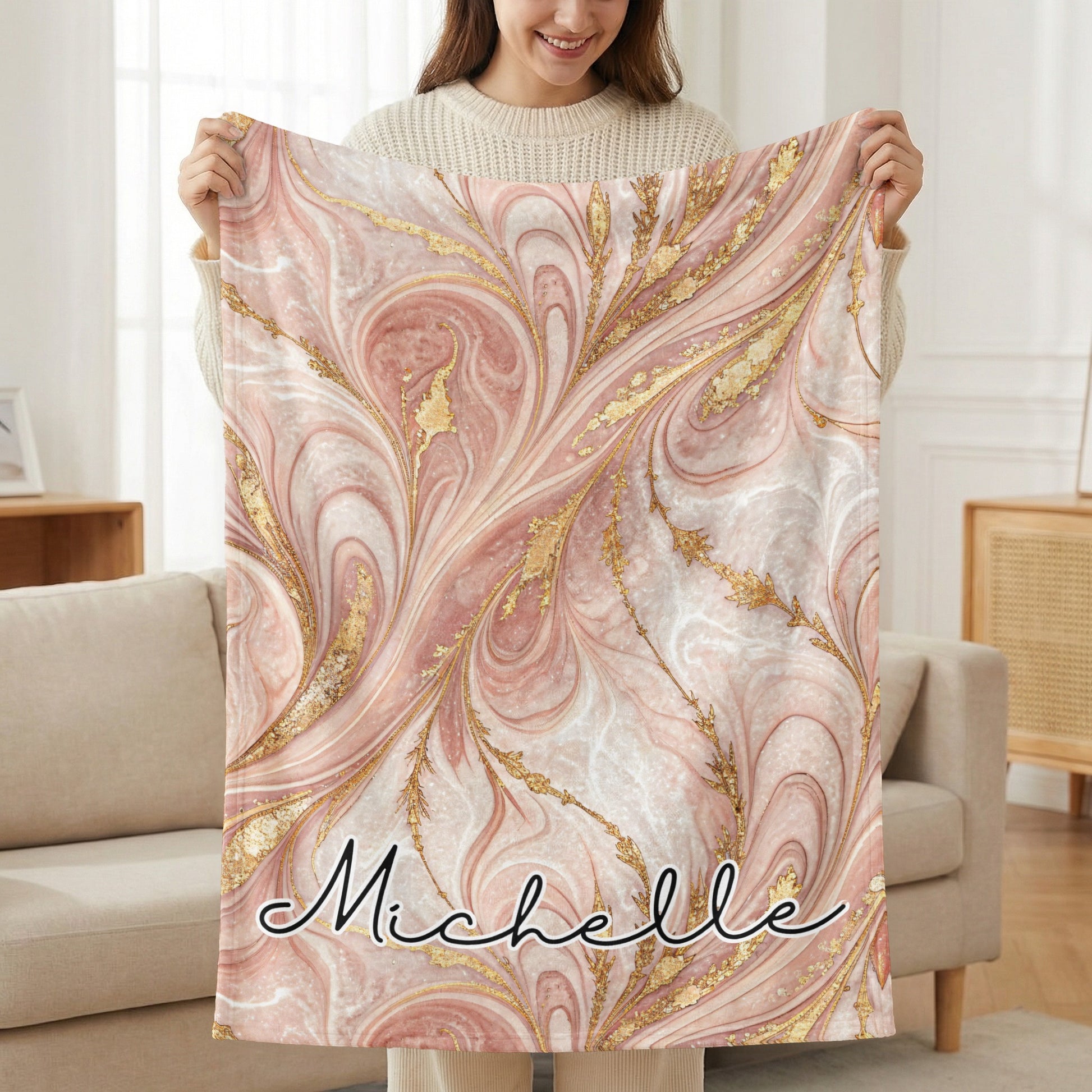 Rose Gold Marble Custom Name Personalized Unique Blanket - Walk Greener
