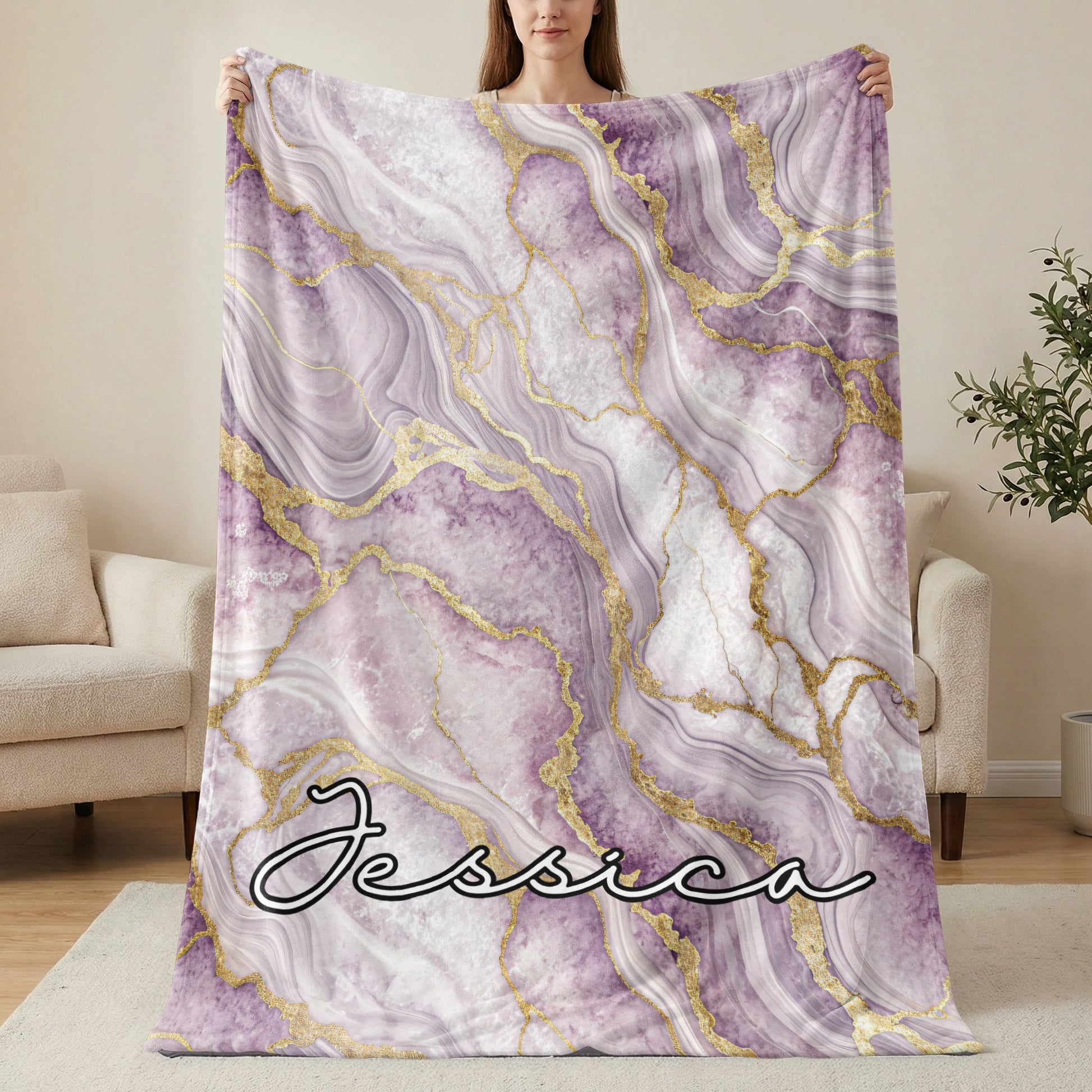 Personalized Purple Marble Blanket with Custom Name