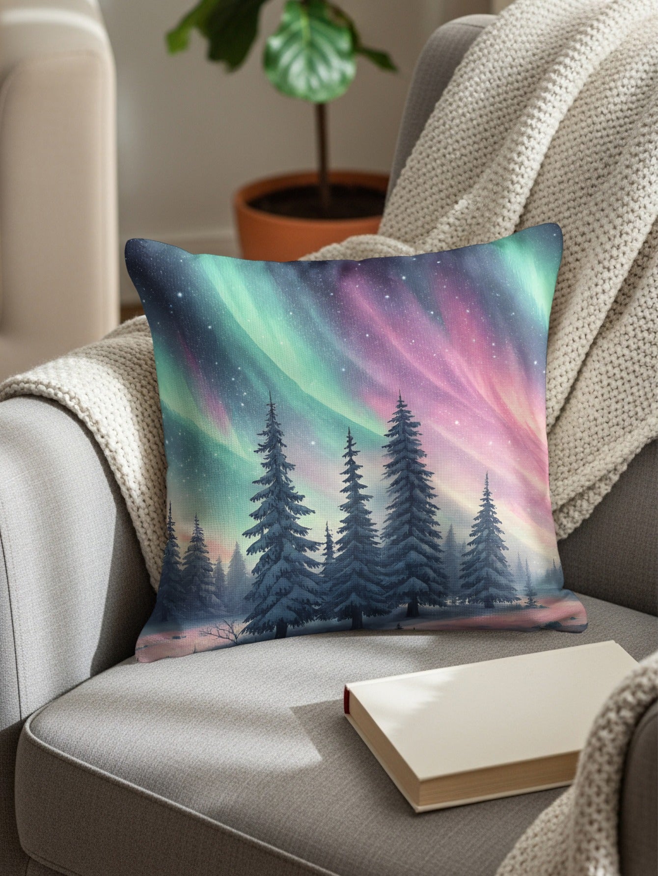 Northern Lights Throw Pillow with Scenic Forest Design