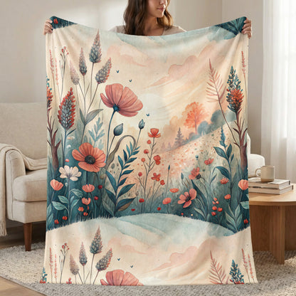 Floral Meadow in Watercolor Style Art Print Velveteen Plush Blankets - Walk Greener