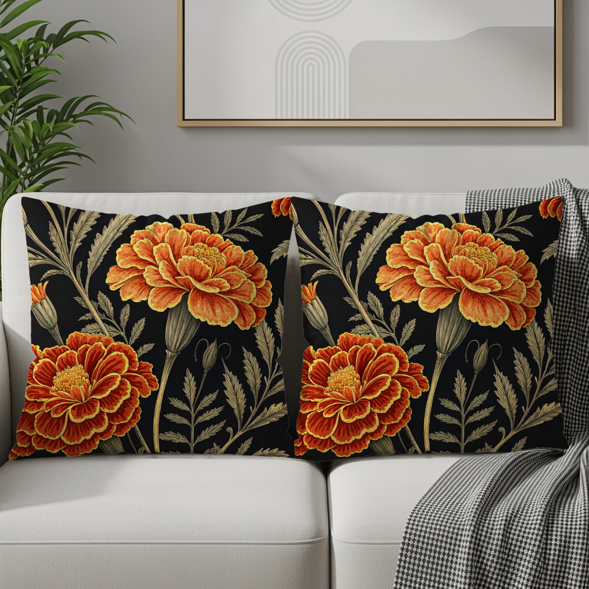 Elegant Marigold Flower Print Decorative Pillow Cover