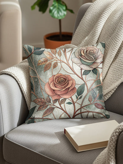Pink And White Roses With Leaves And Branches Pattern Throw Pillows - Walk Greener