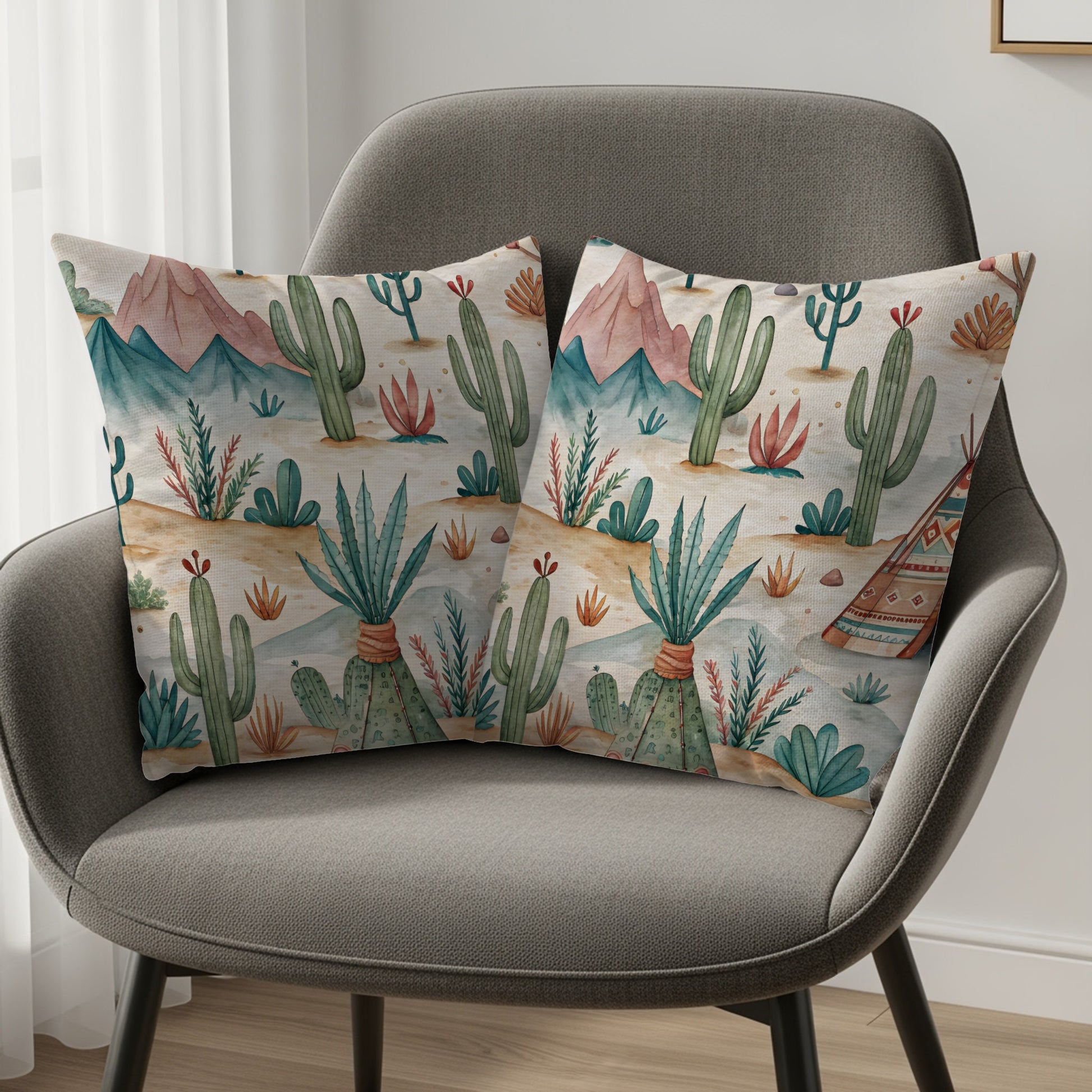 Colorful Cactus and Mountain Design Cushion Pillowset