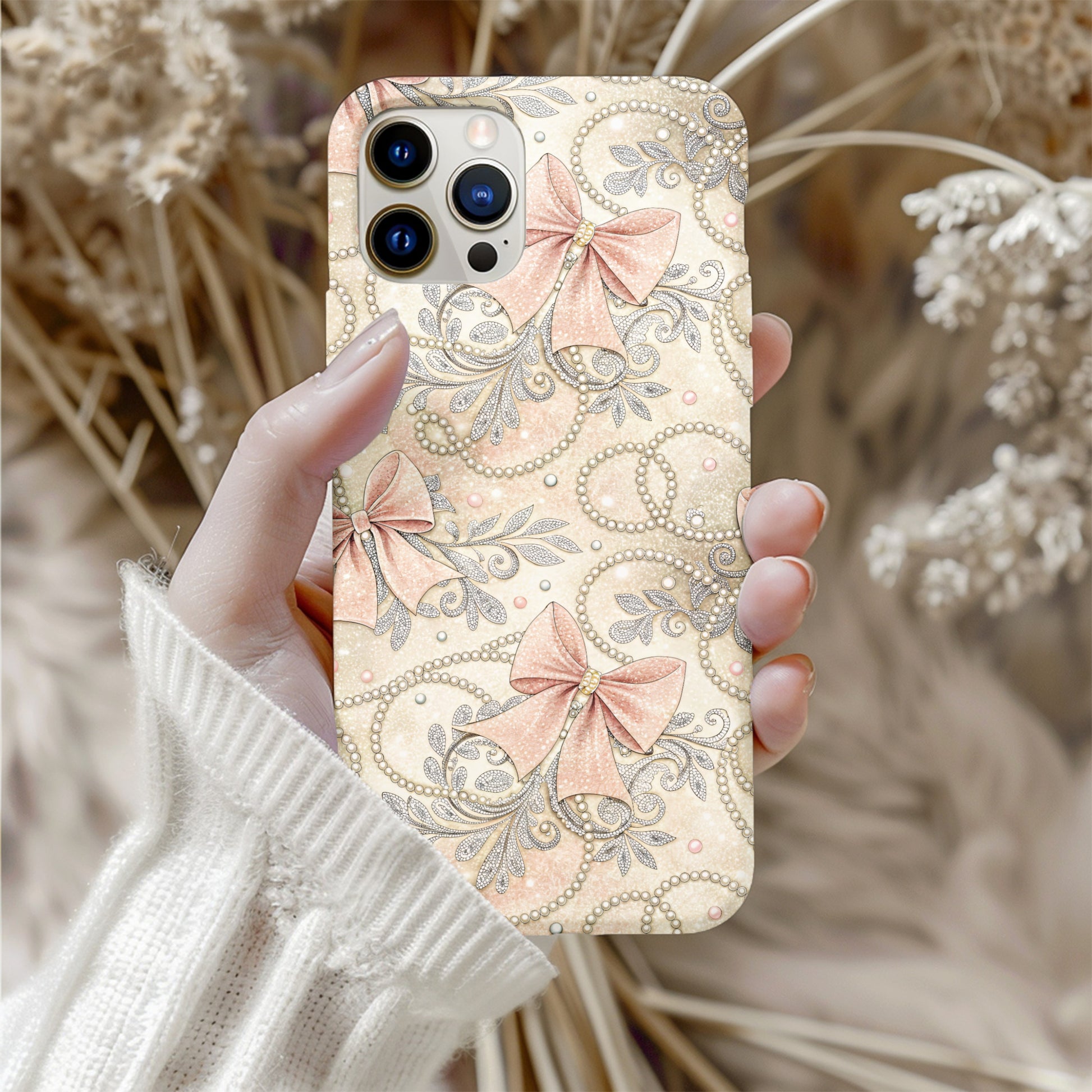 Elegant Bow and Pearls Phone Case with Floral Design