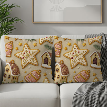 Festive Gingerbread Star and House Pattern Cushion Cover